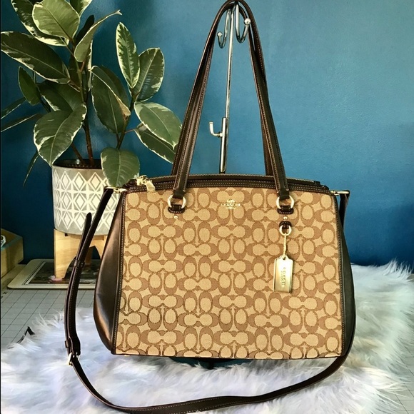 Coach 2-Way Signature Canvas Leather Handbag Shoulder Bag Beige 